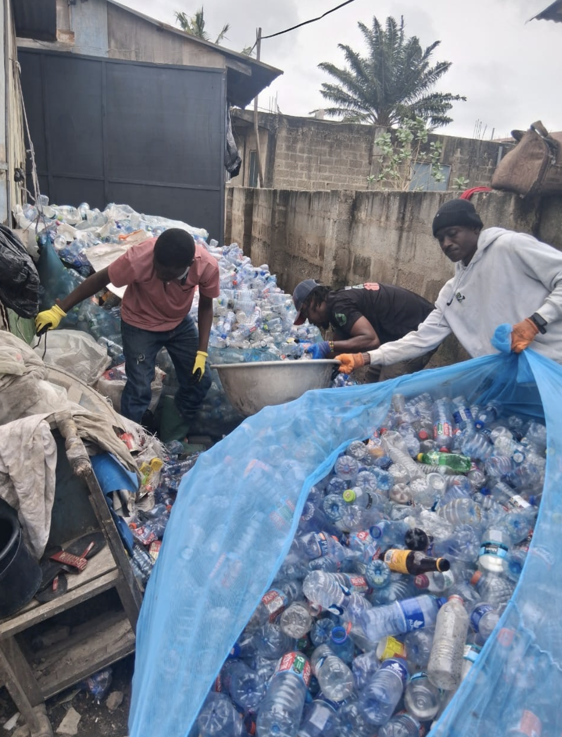 Plastoss collectors sorting recovered plastic bottles into a large bag in Accra