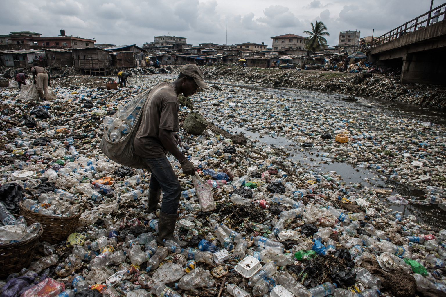 Waste collector gathering plastic bottles from a polluted waterway in Ghana