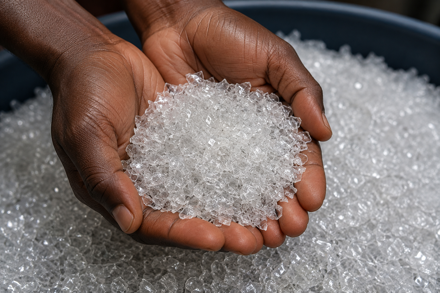 Hands holding a mound of clean processed PET flakes