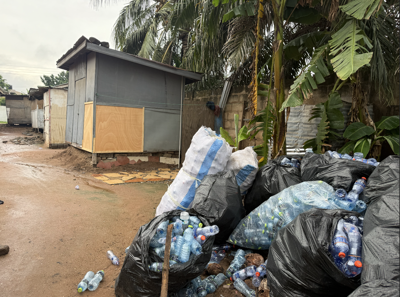 Sacks of collected plastic bottles ready for pickup